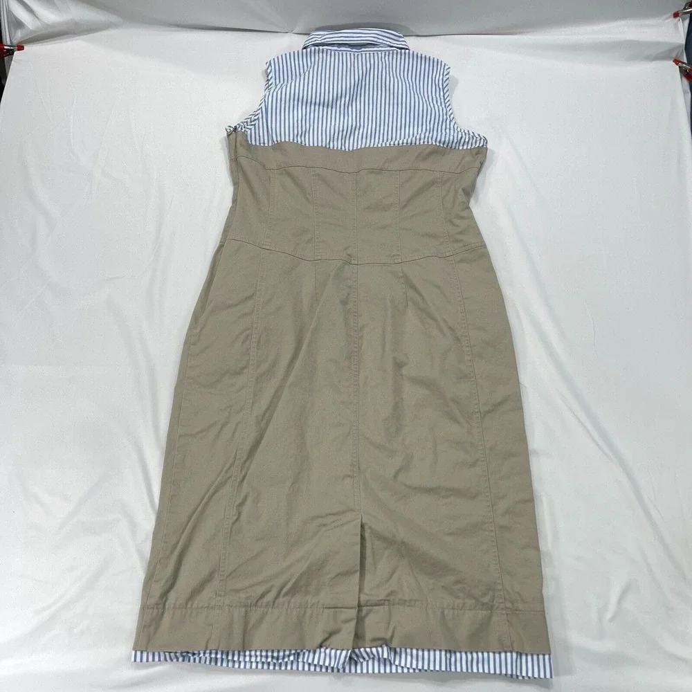 Jean Paul Berlin Sleeveless Khaki‎ Midi Dress Womens 10 Blue White Striped Top - Picture 2 of 14
